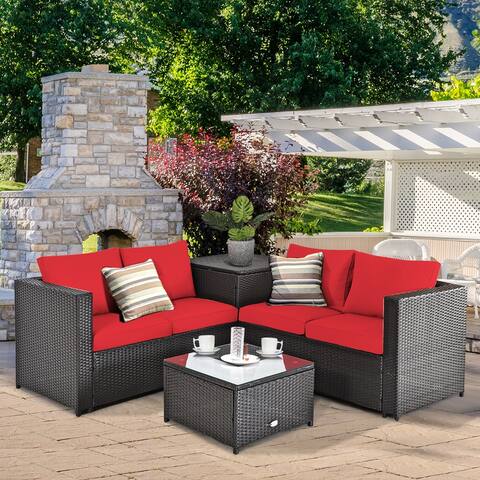 Gymax 4PCS Cushioned Rattan Patio Conversation Set w/ Side Table Red