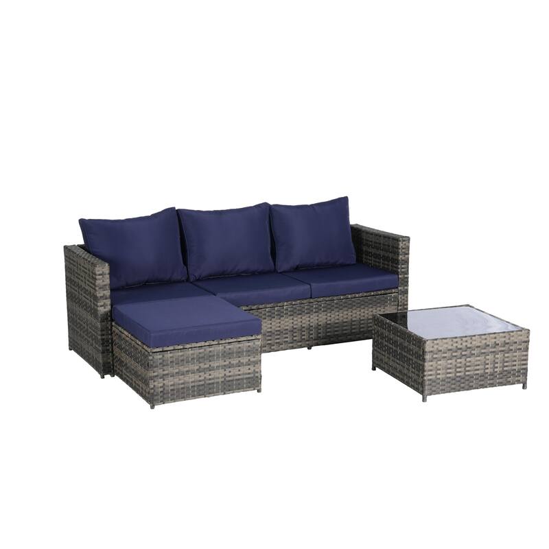 2-Pieces Outdoor Patio L-Shaped Sectional Sofa Set with Glass Coffee Table