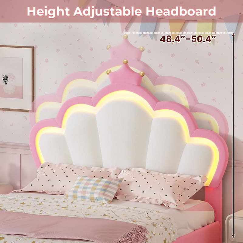 Bed Frame LED Lights Girls Bed Princess Crown Velvet Upholstered Platform Bed