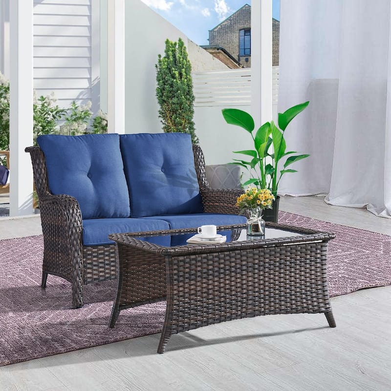 Gymojoy 2-Piece Outdoor Wicker Patio Furniture with Loveseat, Rattan Coversation Set with Water Resistant Thick Cushions - 2-Piece - Brown Wicker / Blue Cusion
