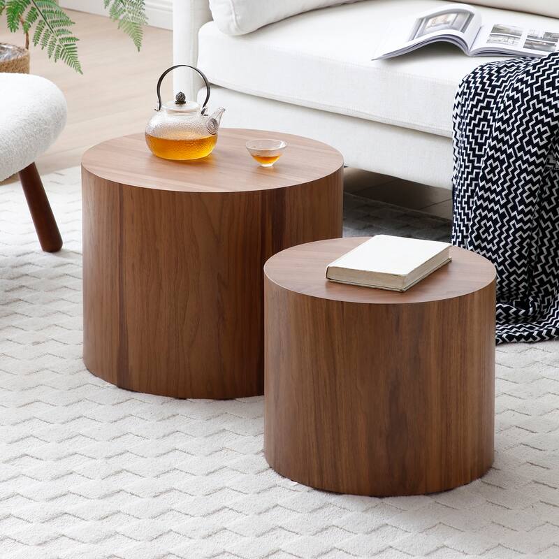 Wood Grain Coffee Table Set of 2 Round Nesting Side Table Lightweight End Table Modern Accent Table, No Assembly Required - Walnut