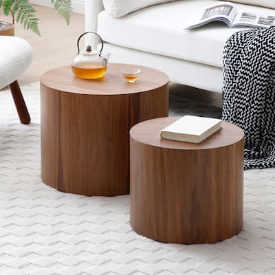 Wood Grain Coffee Table Set of 2 Round Nesting Side Table Lightweight End Table Modern Accent Table, No Assembly Required