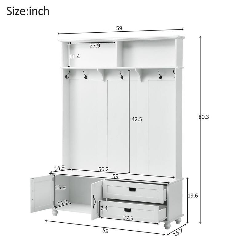 59"W Hall Tree Bench with 5 Coat Hooks,Storage Cabinet and 2 Large Drawers