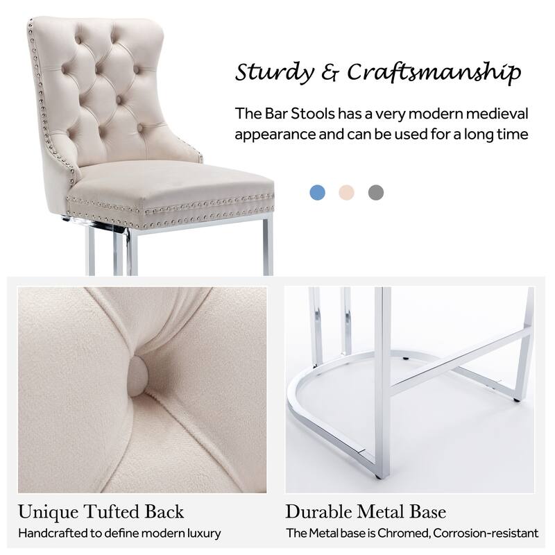 Modern Velvet Upholstered Barstools with Metal Base Leg