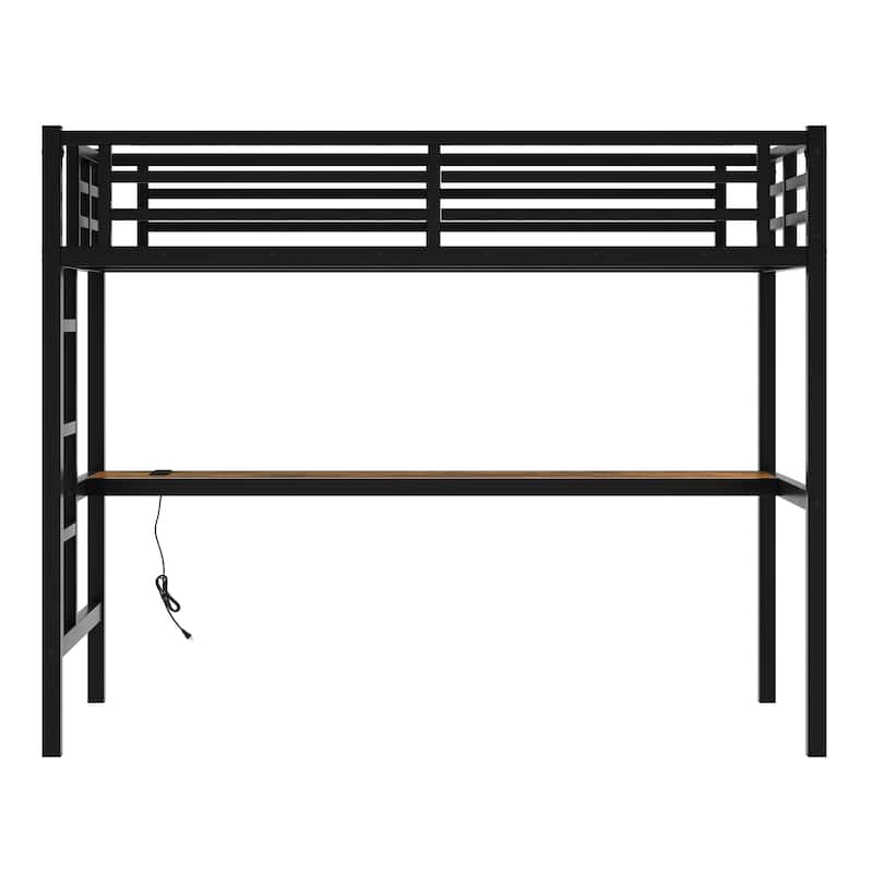 Space-Saving Metal Twin XL Loft Bed with Power Outlet, LED Lighting and Desk