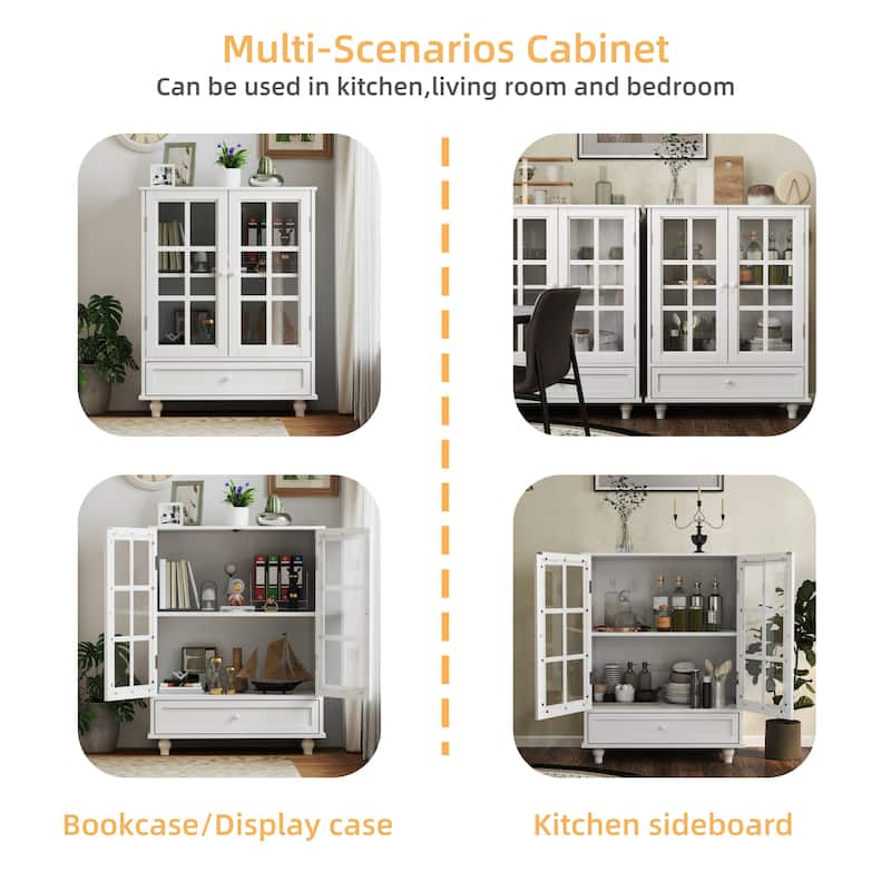 Anmytek Modern White Buffet Cabinet with Glass Doors and Drawer Wooden Storage Sideboard for Dining Room