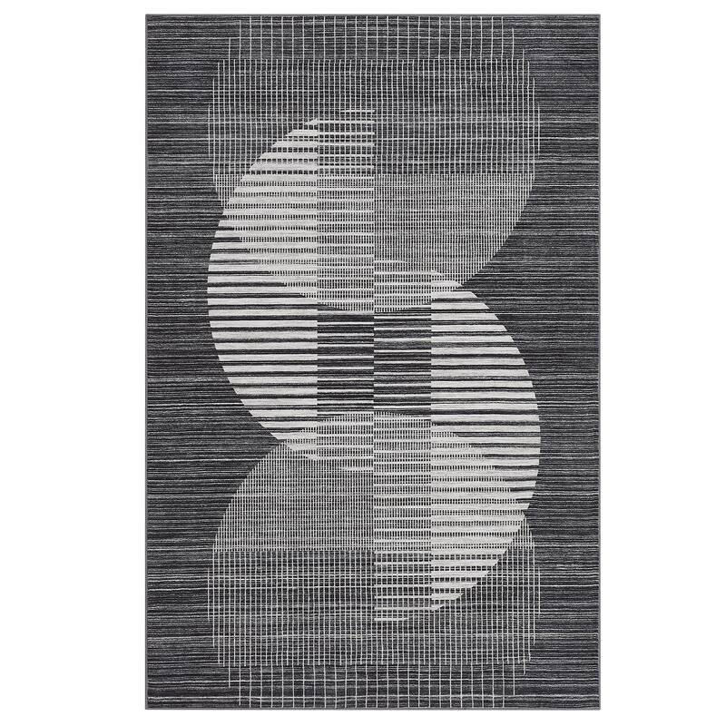 Washable Area Rugs Living Room Modern Geometric Stripes Rug Non Slip Low Pile Semi-Circle Pattern Rug