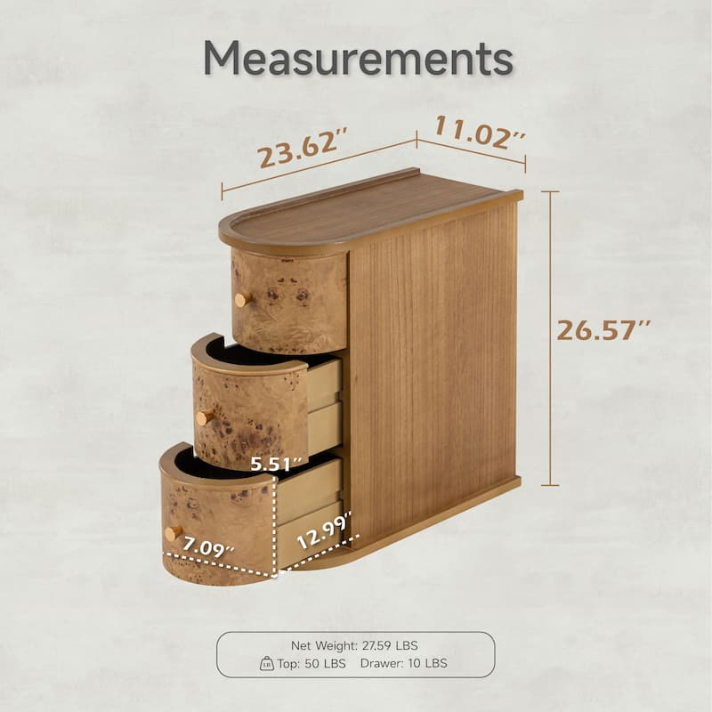 COZAYH 3-Drawer Wood Farmhouse End Table with Burl Finish, Narrow Rustic Sofa Side Tables, Bedside Table with Back Storage Space
