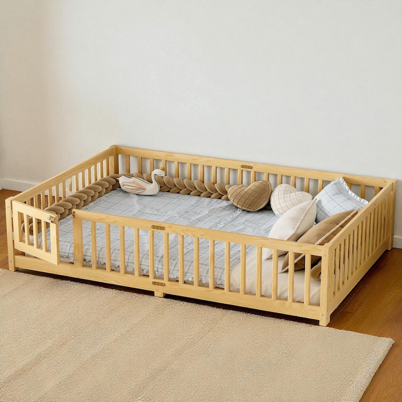 Twin/Full/Queen Size Wood Floor Bed with Door and Guardrails for Kids, Montessori Bed with Removable Slats - Natural - Queen