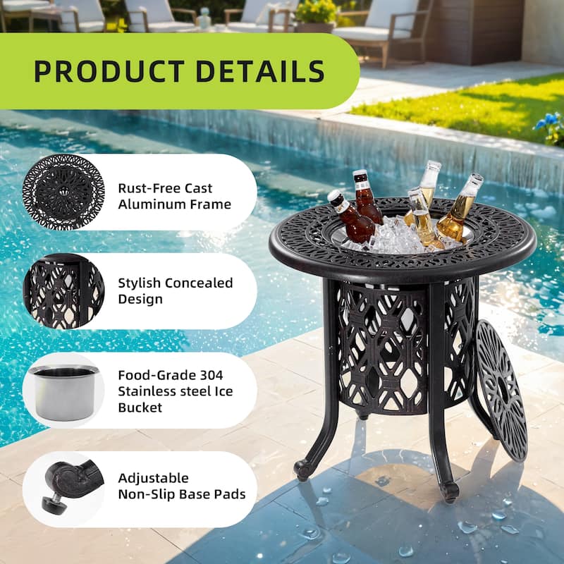 21"Side table With Removable Ice Bucket- Rustproof Cast Aluminum Frame, Hand-Brushed Finish, Food-Grade 304 Stainless Steel