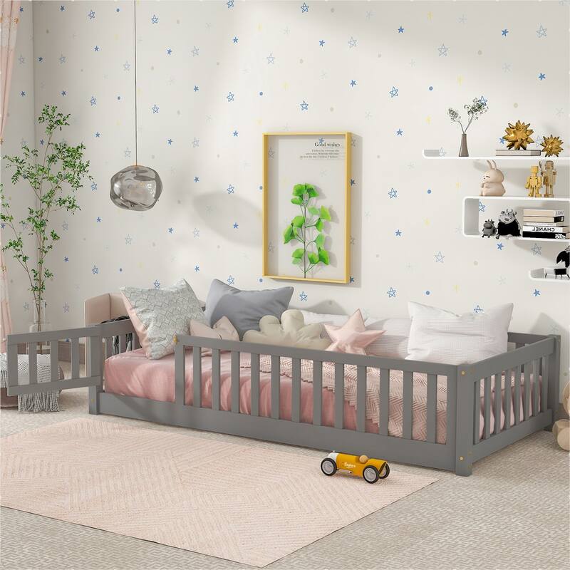 Pine Wood Floor Platform Bed with Fence and Door
