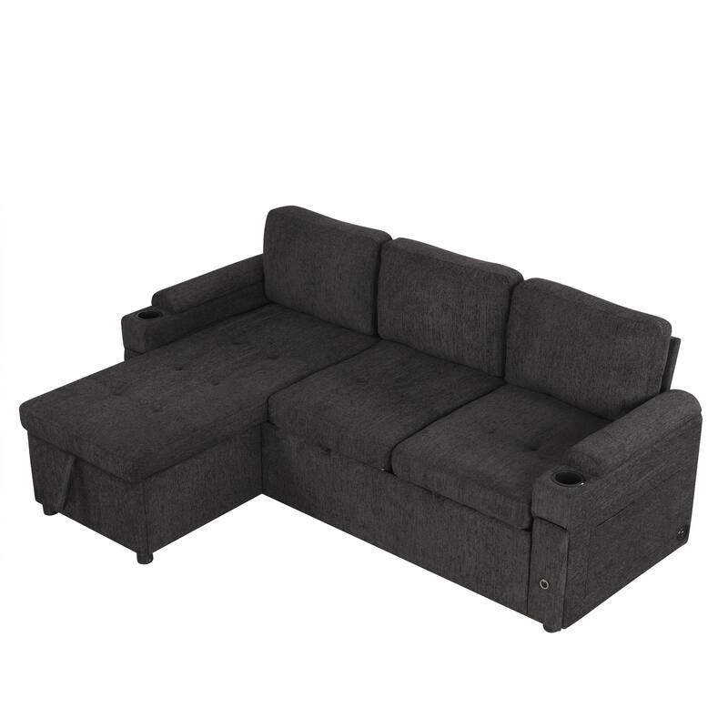 L-Shaped Convertible Sofa Bed with Reversible Chaise Lounge, Chenille Fabric Sectional Sofa with 2 Cup Holders & 2 USB Ports