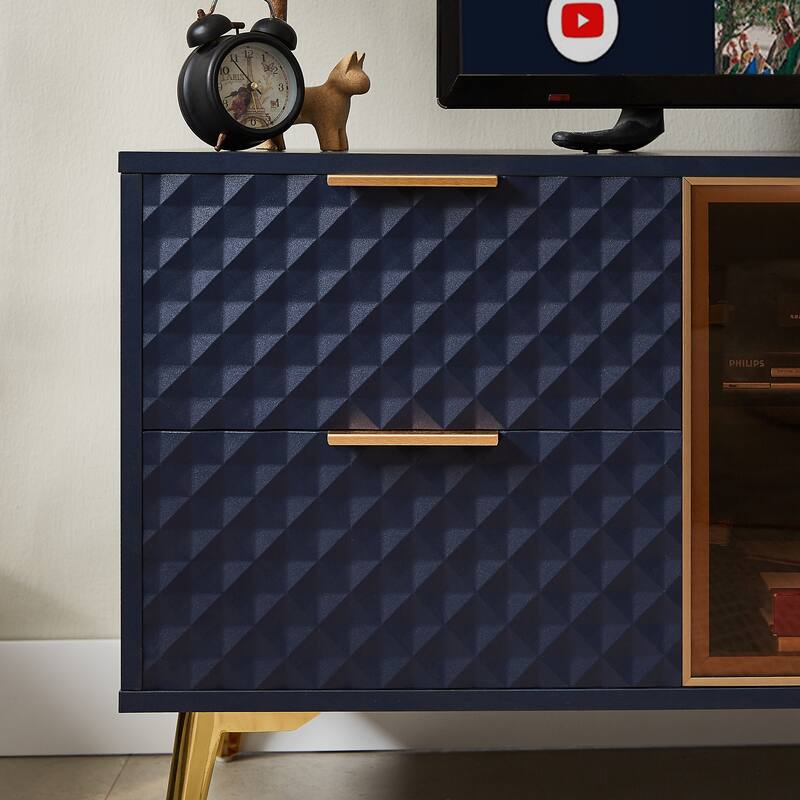 Modern TV Stand, Geometric Design TV Stand with 4 Drawers Aluminum Frame and Tempered Glass Door, for Living Rooms, Dark Blue