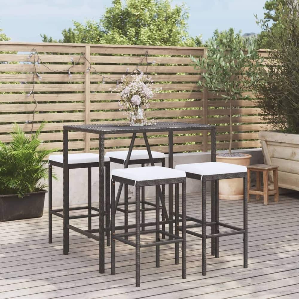 vidaXL 5 Piece Patio Bar Set with Cushions Black Poly Rattan