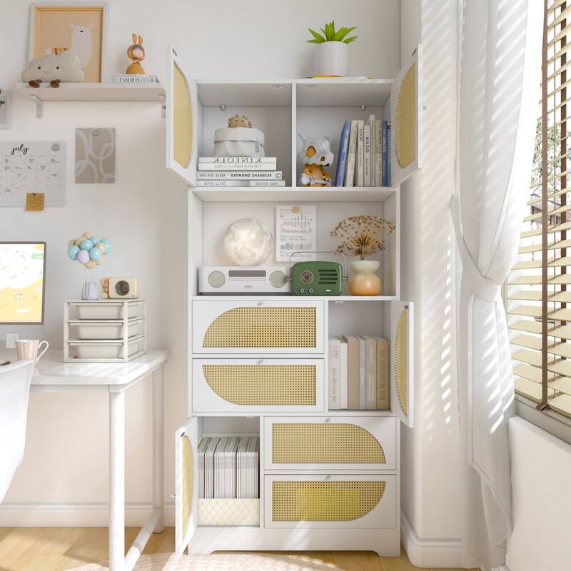 Modern Rattan Door Hutch Cabinet with Power Outlet, Tall Freestanding Pantry with Drawers and Shelves, Buffet Sideboard