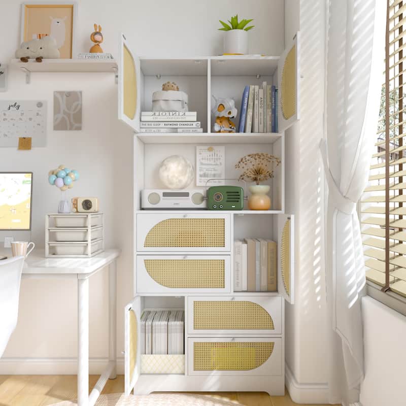 Rattan Buffet Cabinet Tall Kitchen Pantry w/ Power Outlet & 4 Drawers