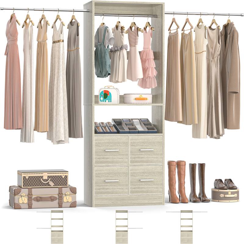 Rackcog 103'' Closet Organizer with 4 Cubes, Closet System with Fabric Drawers and 3 Hanging Rods