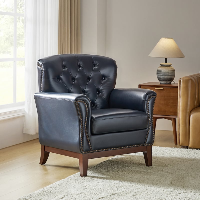 Burt Traditional Genuine Leather Accent Chair with Tufted Wing Back by HULALA HOME