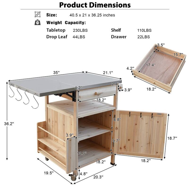 40.5" Outdoor Grill Cart with Stainless Steel Top Removable Shelf and Drop Leaf Design for Easy Storage