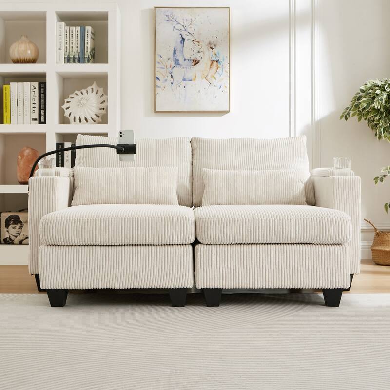 Roomfitters Convertible Corduroy Loveseat Sofa Bed with USB Ports, Cup Holders, Phone Slot and Storage for Living Room
