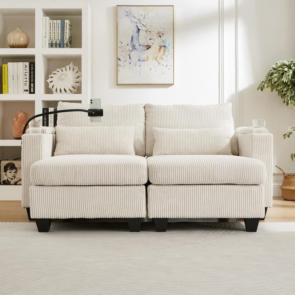 Sofa Chair with Armrests, 2-in-1 Corduroy Loveseat & Chaise Lounge, Sofa Bed Sleeper Sofa with Cup Holders & Side Pockets