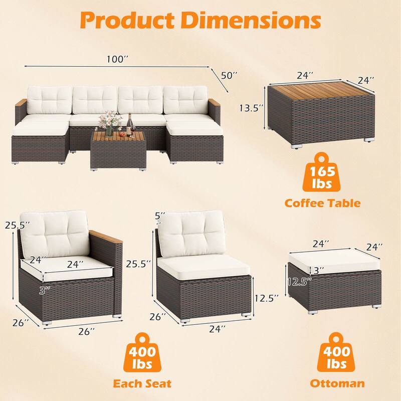 Costway 7 PCS Wicker Conversation Set with Seat & Back Cushions Wood - See Details