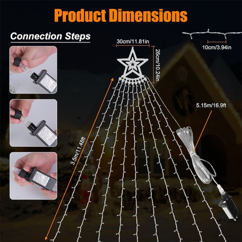 1 PCS 11.48FT 350LED Waterproof String Lights with Star Topper 8 Light Modes Memory Function