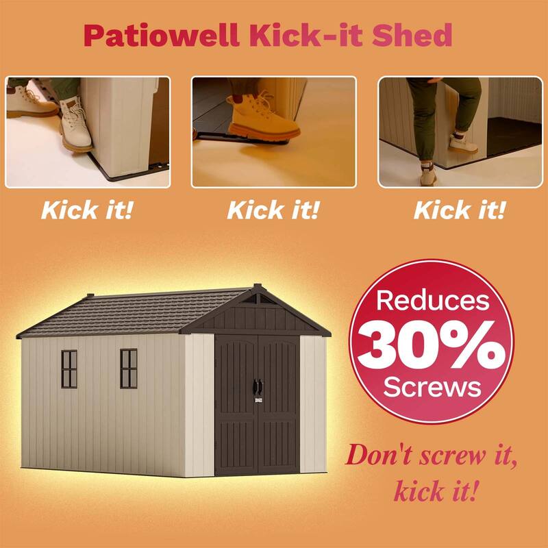 Patiowell 8' x 6' / 8' x 8' / 8' x 10 '/ 8' x 12' Plastic Outdoor Shed With Floor for Patio Furniture, Tools (Kick-It Shed)