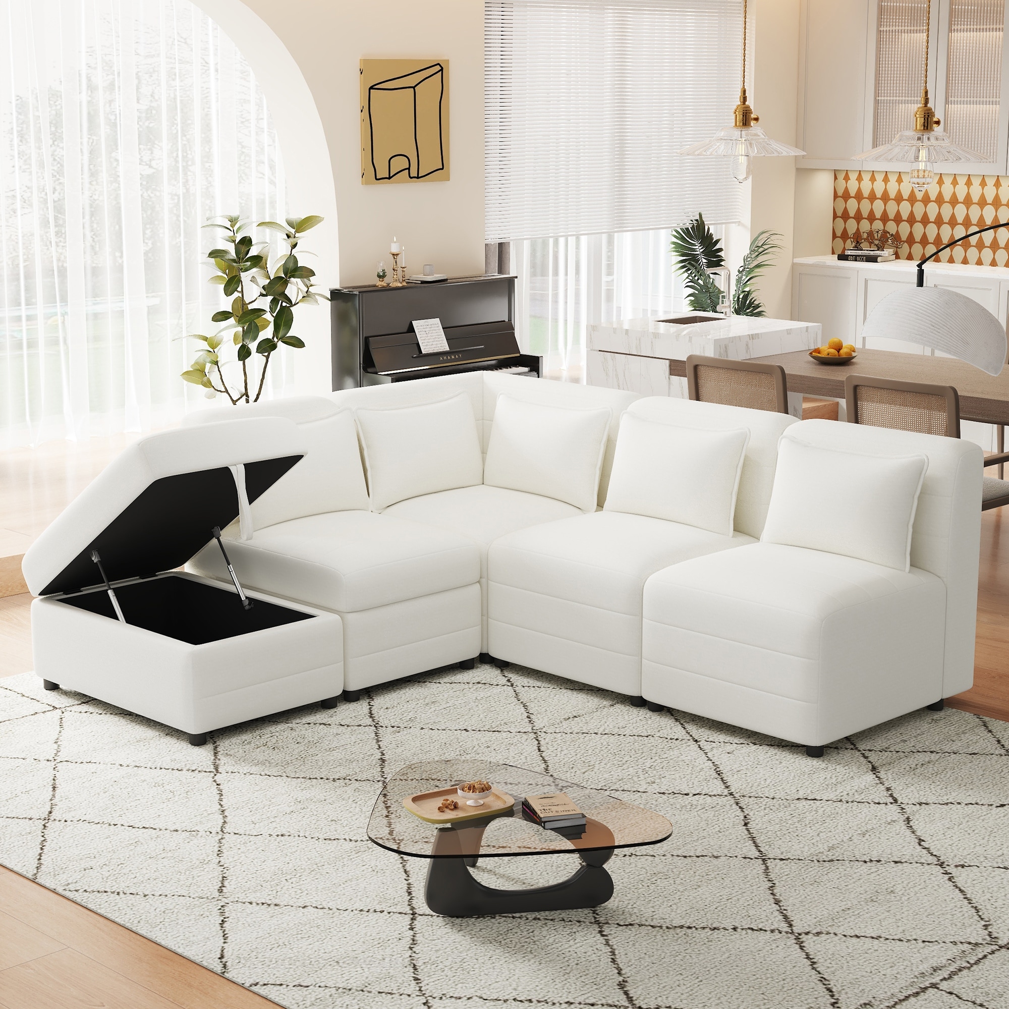 5 Seat Cream Straight Row Sectional Sofa Couches with Storage