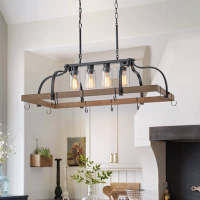 Modern Rustic 4-Light Rectangular Glass Chandelier with Hooks - Ideal for Kitchen Island Lighting and Pot Rack Organizer