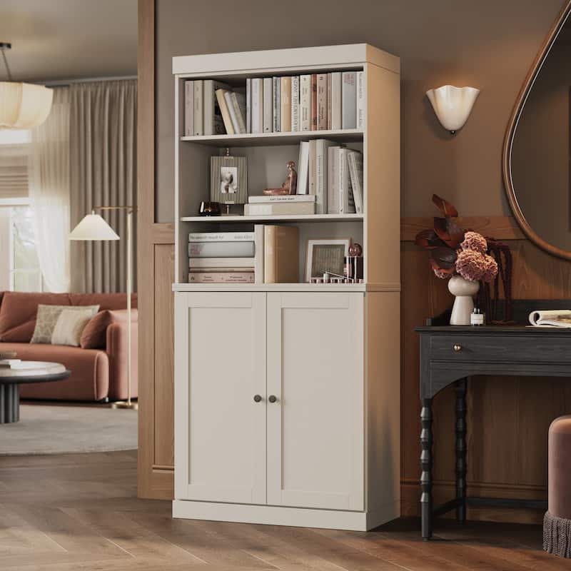 Solid Wood Tall Bookcase with Doors, Adjustable Shelves, Modular Storage, Open Display Bookshelf, 32" W x 71.5" H - Off White