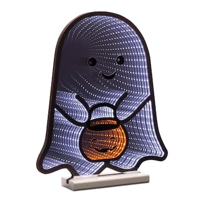 16" LED Ghost Infinity Light with Candy Bucket Halloween Tabletop Decoration for Indoor Display - 13.75”L x 2.75”W x 16.25”H