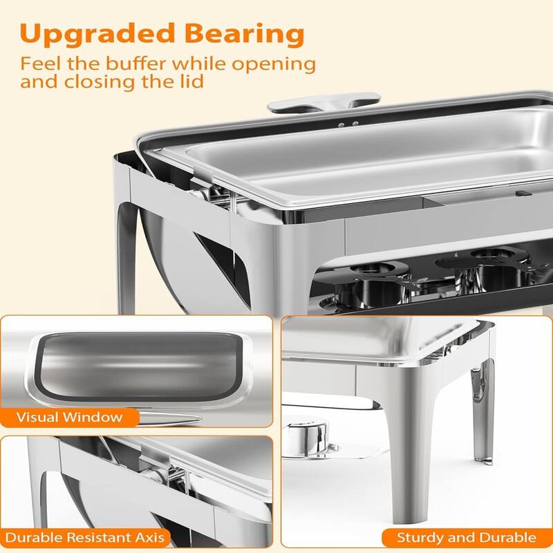 Roll Top Chafing Dish Buffet Set Rectangular 9QT Stainless Steel Catering Food Warmers with Glass Window Full Size Silver - 9L