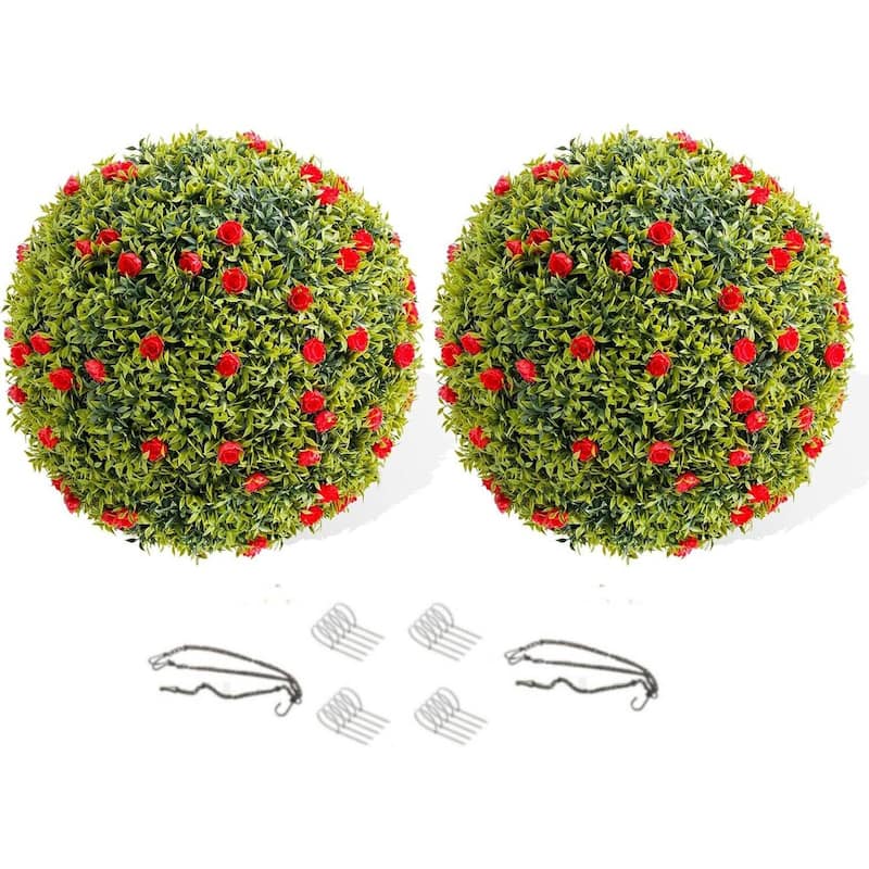 2 Pack 16.5" Artificial Flowers Topiary Balls for Home Decor, Wedding - 16.5 inch - Red
