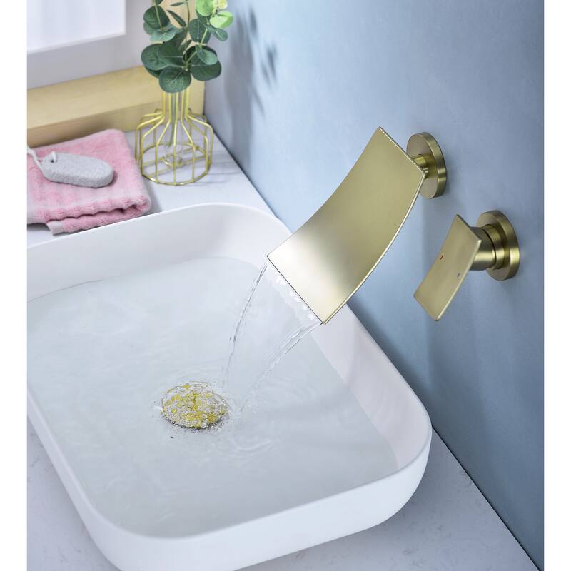 Wall Mounted Curved Bathroom Sink Faucet with Waterfall Spout Design, Large Flushing Area, Temperature and Water Flow Control
