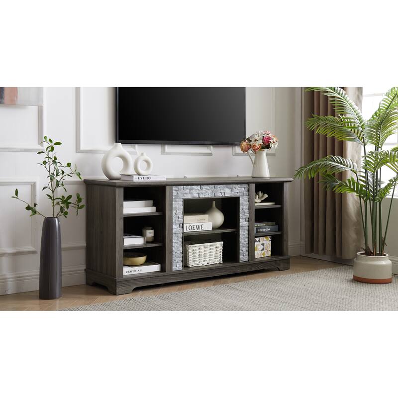 Anmytek Farmhouse TV Stand with Faux Stacked Stone Surround Accent Media Console for 60-69 inches TV Rustic Storage Cabinet