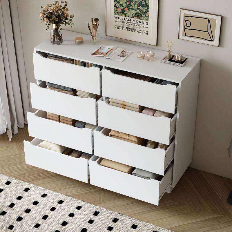 White 8-Drawer Wooden Dresser for Bedroom, 47.2''W Long Chest of Drawers