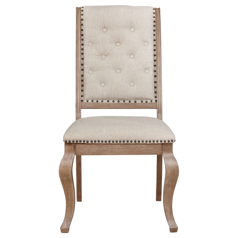 Sev 5pc Dining Table Set, 84-104 Inch Brown Top, 4 Cream Fabric Chairs