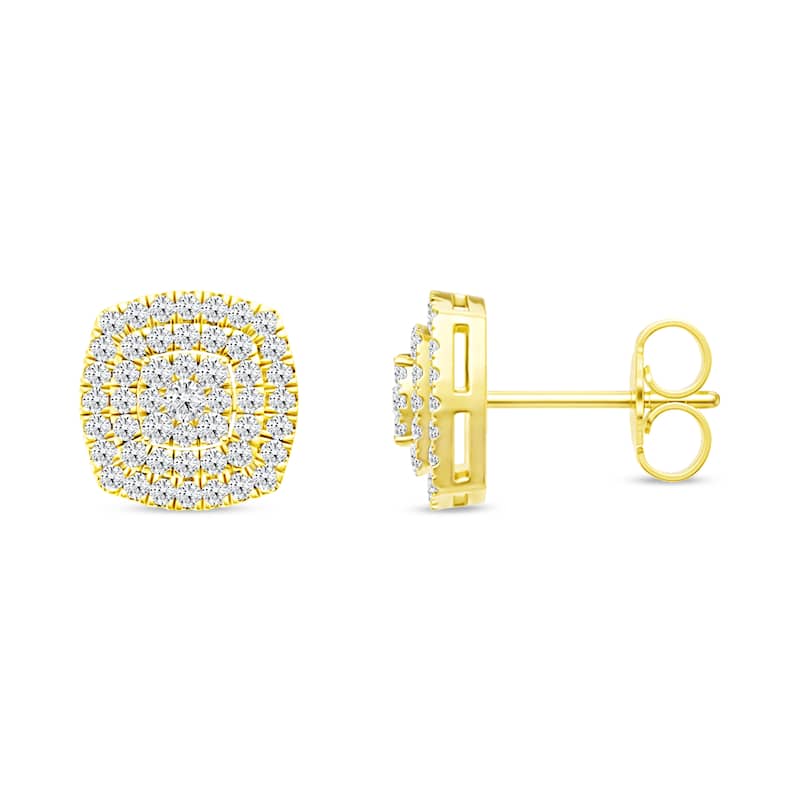 IGI Certified 1/2ct TDW Diamond Cluster Double Halo Stud Earrings in 14K Yellow Gold for Women
