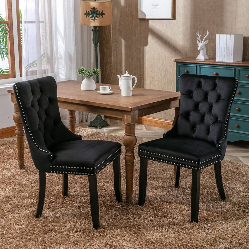 Set of 2 Velvet Upholstered Dining Chairs with Nailhead Trim and Wooden Legs - Black