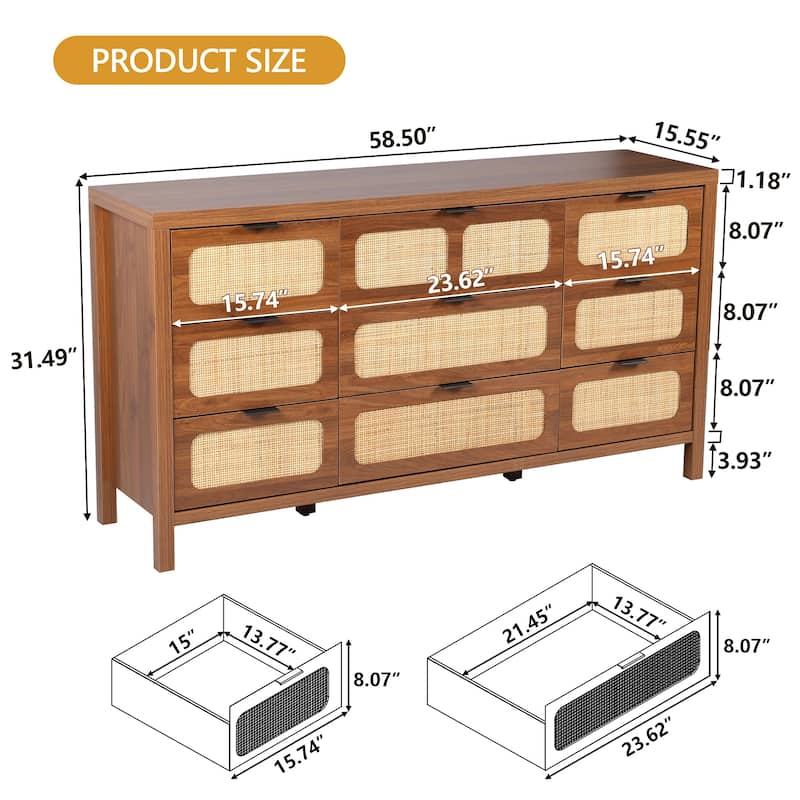Wooden Rattan Woven 9-Drawer Storage Dresser/Chest of Drawers