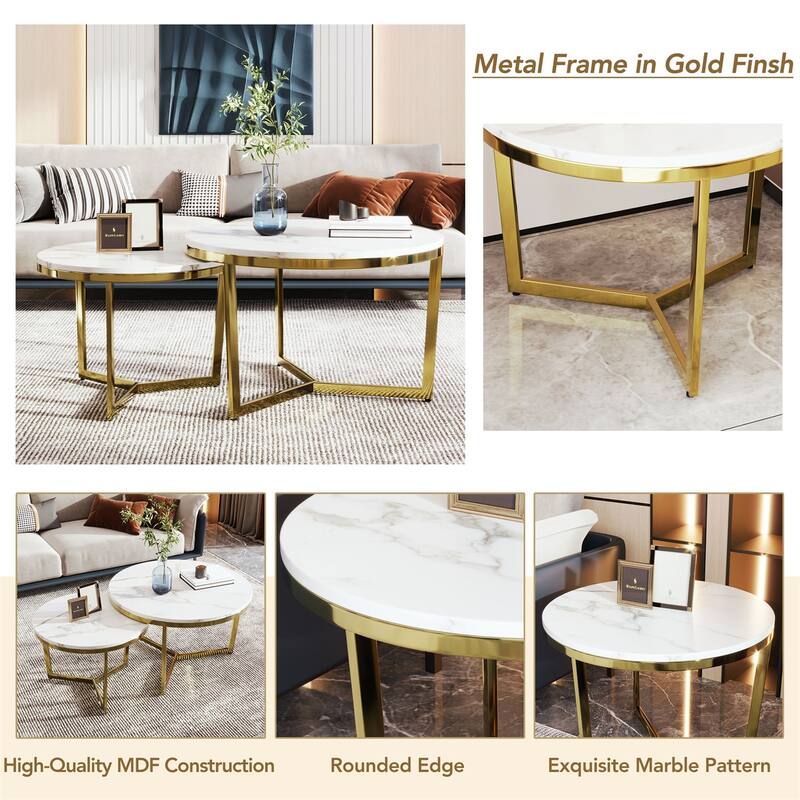 Round Nesting Coffee Table Set 2-Piece White & Marbling Top Gold Base