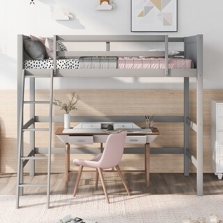 Twin Size Loft Bed, Solid Wood Twin Kids Bed Frame w/Safety Guardrail