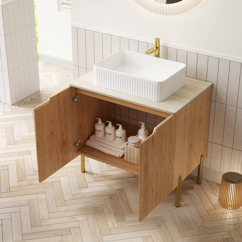 30" Bathroom Vanity with Sink, Freestanding Plywood Bathroom Storage Cabinet with 2 Doors, White Rectangular Ceramic Basin