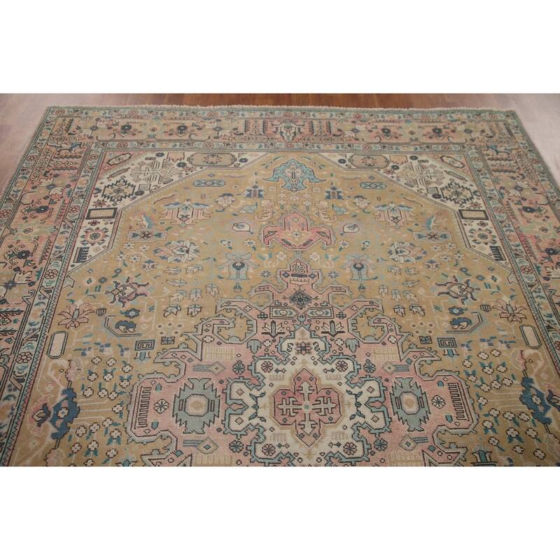 Hand Knotted Oriental 100% Wool Carpet Traditional Medallion Yellow & Gold Tabriz Area Rug - 9' 8'' X 6' 10''