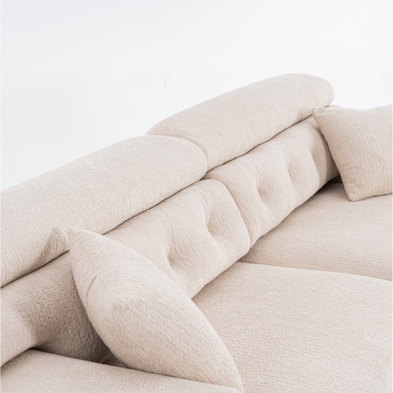 Modern Wood Grain Chenille 4-Seater Modular Sectional Sofa with 2 Pillows for Living Room Apartment