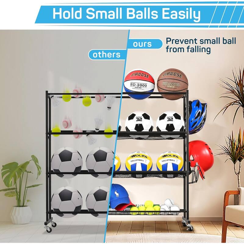 4 Tier Sports Equipment Organizer for Garage with Detachable Nylon Mesh Baskets