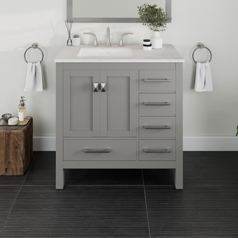 Eviva Aberdeen 36"W x 22"D Gray Bathroom Vanity with White Carrara Quartz Vanity Top and Rectangular Undermount Sink