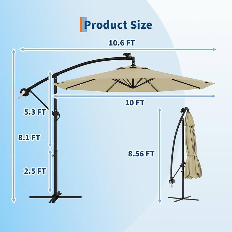 10ft Solar Lights Offset Patio Umbrella, Cantilever Umbrella with Easy Lift & Tilt Adjustment, 8 Ribs Sun Umbrella UV