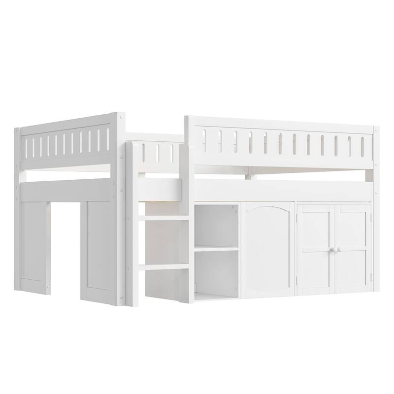 Wooden Full Size Loft Bed with Double-Door Storage Cabinet, Open Shelves and Chalkboard Panel